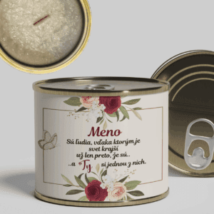 Sviečka v plechovke s venovaním a ružovými kvetmi