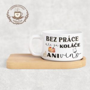 Matný hrnček DUO s bambusovou podšálkou – Bez práce nie sú koláče ani víno