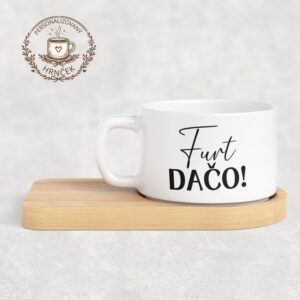 Matný hrnček DUO s bambusovou podšálkou – Furt dačo!