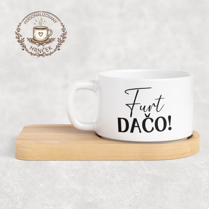 Matný hrnček DUO s bambusovou podšálkou – Furt dačo!