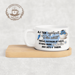 Matný hrnček DUO s bambusovou podšálkou pre pána učiteľa – káva silnejšia ako deti v triede