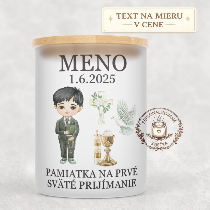 Sviečka na prvé sväté prijímanie – chlapec s čiernymi vlasmi a holubicou