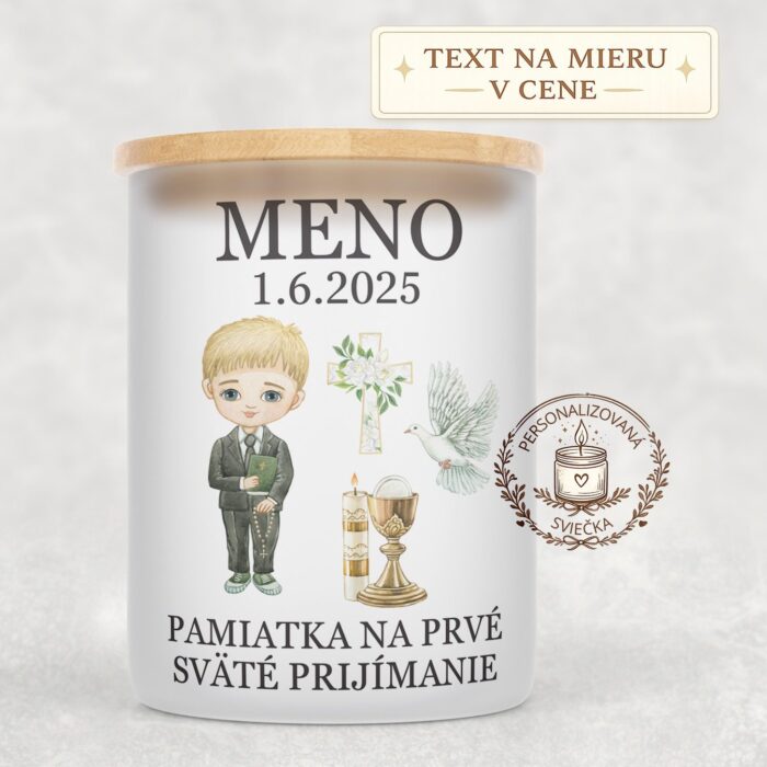 Sviečka na prvé sväté prijímanie – chlapec s blond vlasmi a holubicou