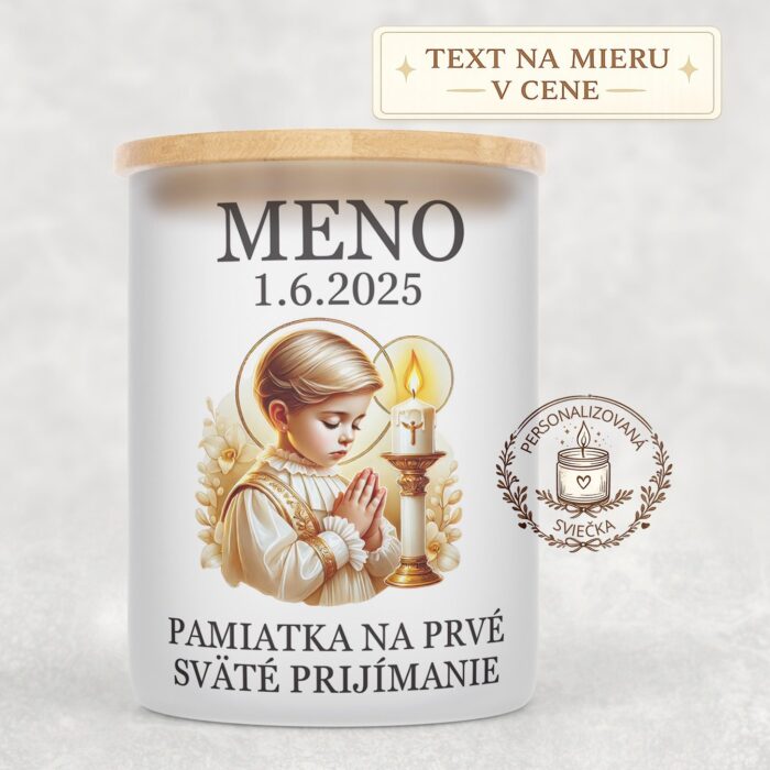 Sviečka na prvé sväté prijímanie – modliace sa dieťa s blond vlasmi a sviečkou