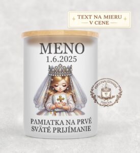 Sviečka na prvé sväté prijímanie – dievča s blond vlasmi, korunkou a Bibliou