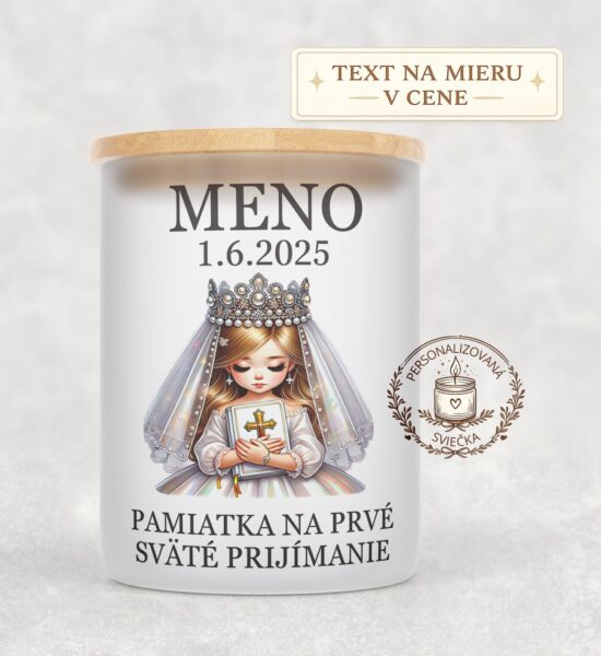 Sviečka na prvé sväté prijímanie – dievča s blond vlasmi, korunkou a Bibliou