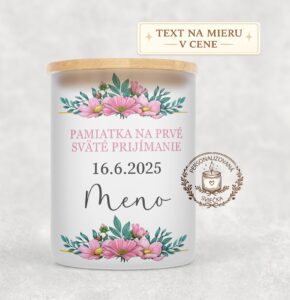 Sviečka na prvé sväté prijímanie s menom a dátumom – ružové kvety