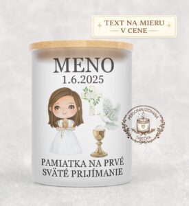 Sviečka na prvé sväté prijímanie – dievča s hnedými vlasmi a holubicou