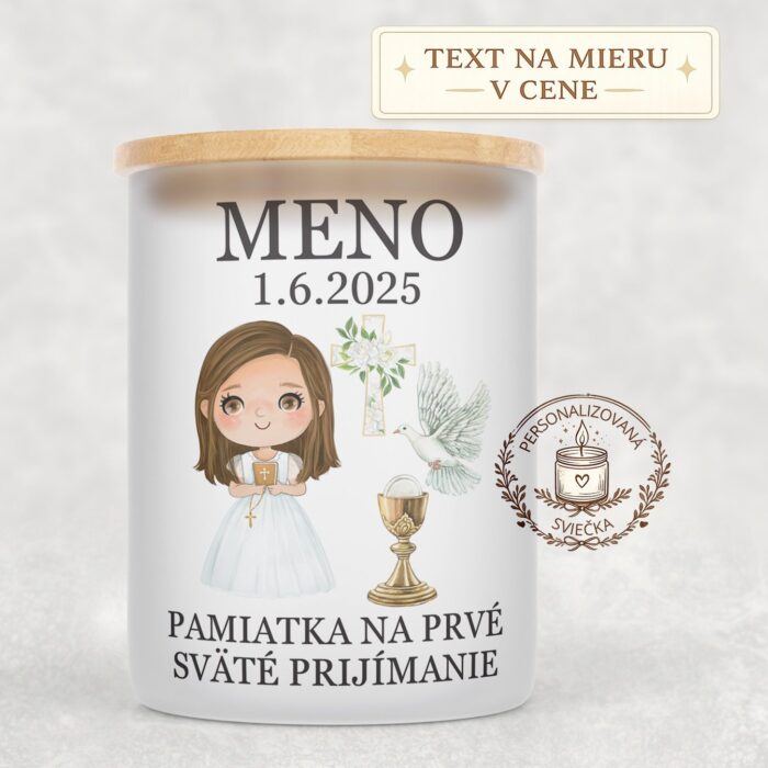 Sviečka na prvé sväté prijímanie – dievča s hnedými vlasmi a holubicou