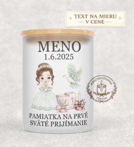 Sviečka na prvé sväté prijímanie – dievča s hnedými vlasmi, holubicou a kalichom