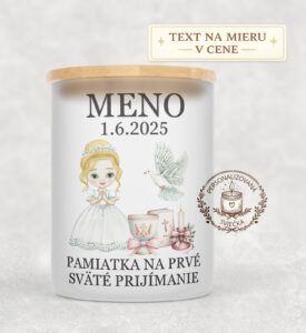 Sviečka na prvé sväté prijímanie – dievča s blond vlasmi, holubicou a kalichom