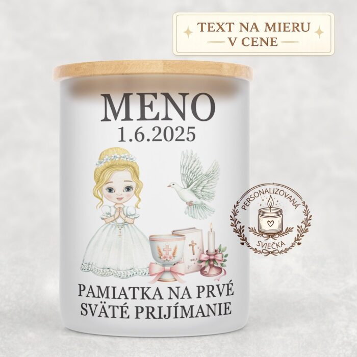 Sviečka na prvé sväté prijímanie – dievča s blond vlasmi, holubicou a kalichom
