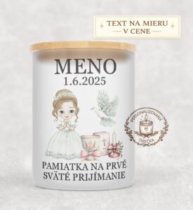 Sviečka na prvé sväté prijímanie – dievča so svetlohnedými vlasmi, holubicou a kalichom