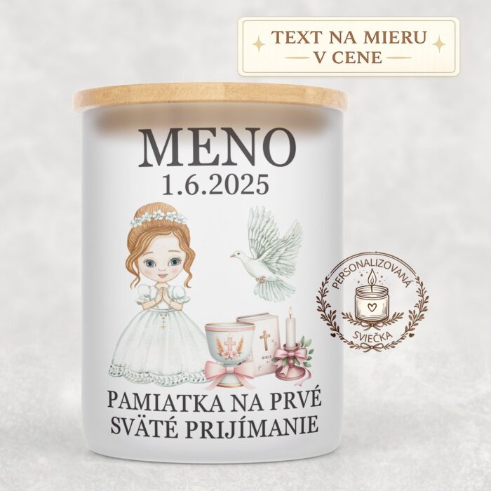 Sviečka na prvé sväté prijímanie – dievča s ryšavými vlasmi, holubicou a kalichom