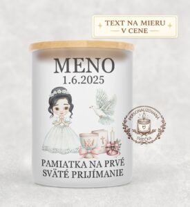 Sviečka na prvé sväté prijímanie – dievča s čiernymi vlasmi, holubicou a kalichom