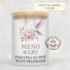 Sviečka na prvé sväté prijímanie – ružový kvet, holubica a kríž
