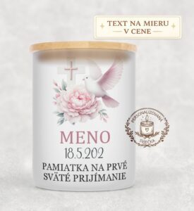 Sviečka na prvé sväté prijímanie – ružový kvet, holubica a kríž