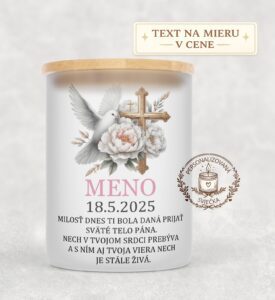 Sviečka na prvé sväté prijímanie – holubica, kríž a venovanie
