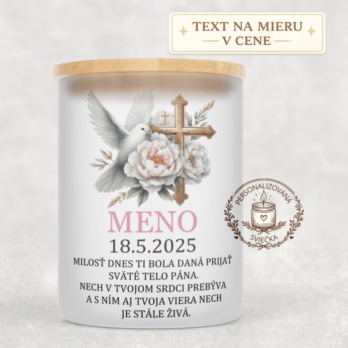 Sviečka na prvé sväté prijímanie – holubica, kríž a venovanie