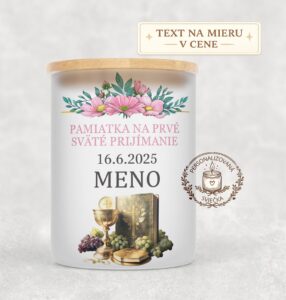 Sviečka na prvé sväté prijímanie s menom a dátumom – kalich a Biblia