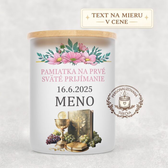 Sviečka na prvé sväté prijímanie s menom a dátumom – kalich a Biblia