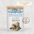 Sviečka na prvé sväté prijímanie – modré kvety, kalich a Biblia