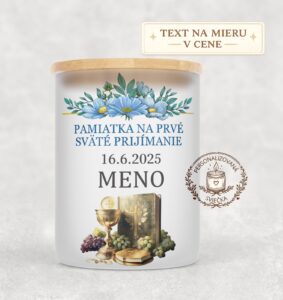 Sviečka na prvé sväté prijímanie – modré kvety, kalich a Biblia