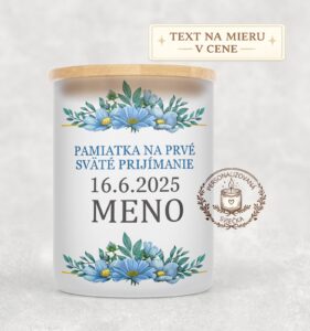 Sviečka na prvé sväté prijímanie s menom a dátumom – modré kvety