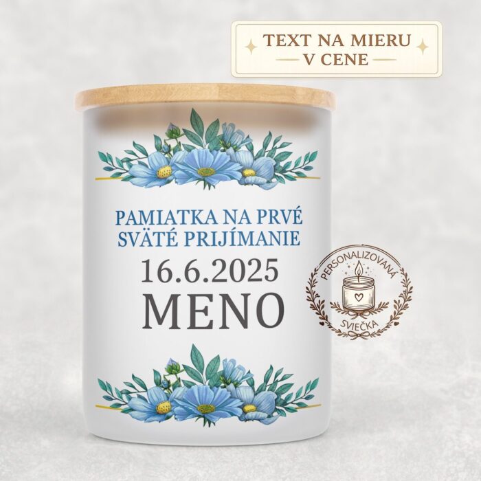 Sviečka na prvé sväté prijímanie s menom a dátumom – modré kvety