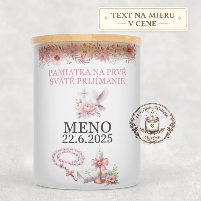Sviečka na prvé sväté prijímanie – ružový motív s holubicou