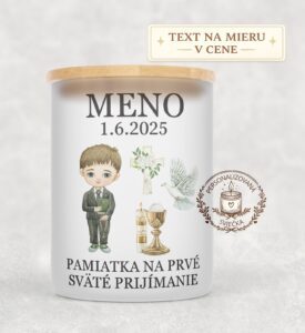 Sviečka na prvé sväté prijímanie – chlapec s hnedými vlasmi a holubicou