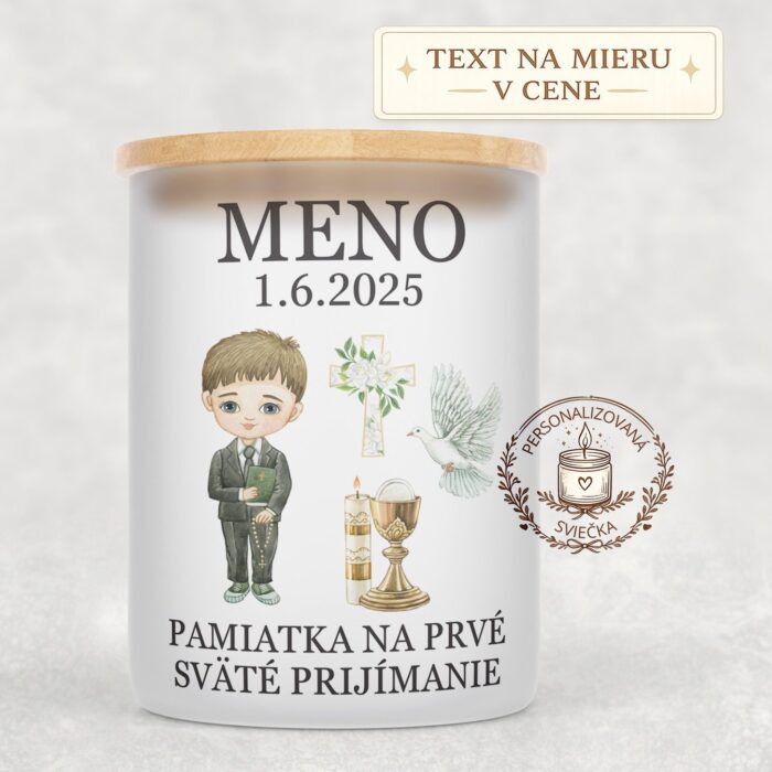 Sviečka na prvé sväté prijímanie – chlapec s hnedými vlasmi a holubicou