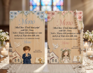 Drevená tabuľka na 1. sväté prijímanie s menom a venovaním