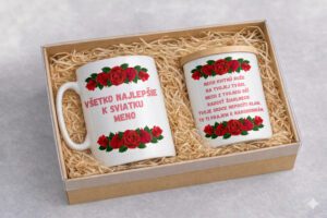 Darčeková sada s hrnčekom a sviečkou s vlastným textom – červené ruže