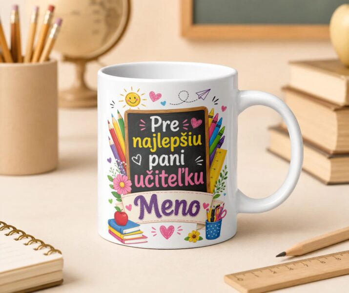 Hrnček pre najlepšiu pani učiteľku s tabuľou a farbičkami