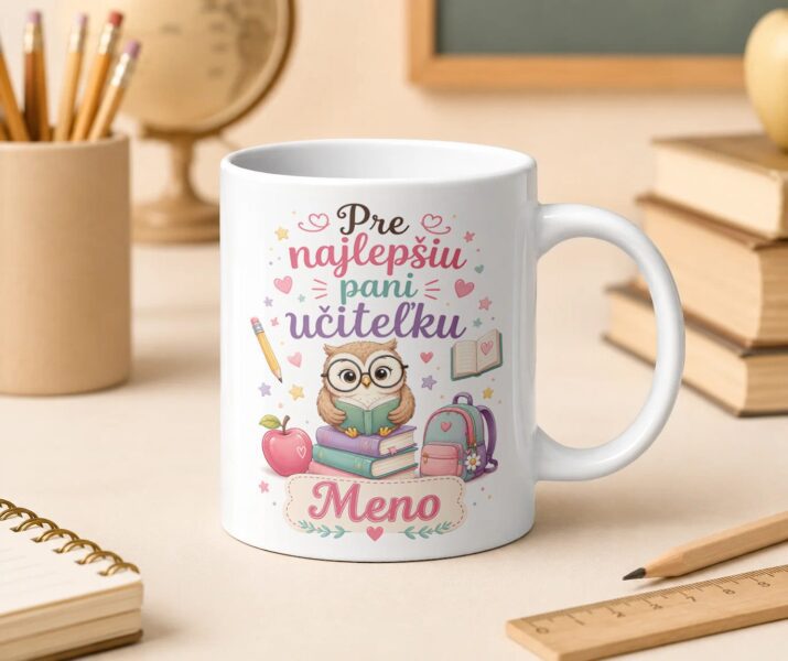 Hrnček pre najlepšiu pani učiteľku so sovičkou a školským motívom