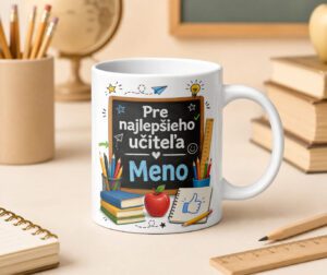 Hrnček pre najlepšieho učiteľa s tabuľou a školskými pomôckami