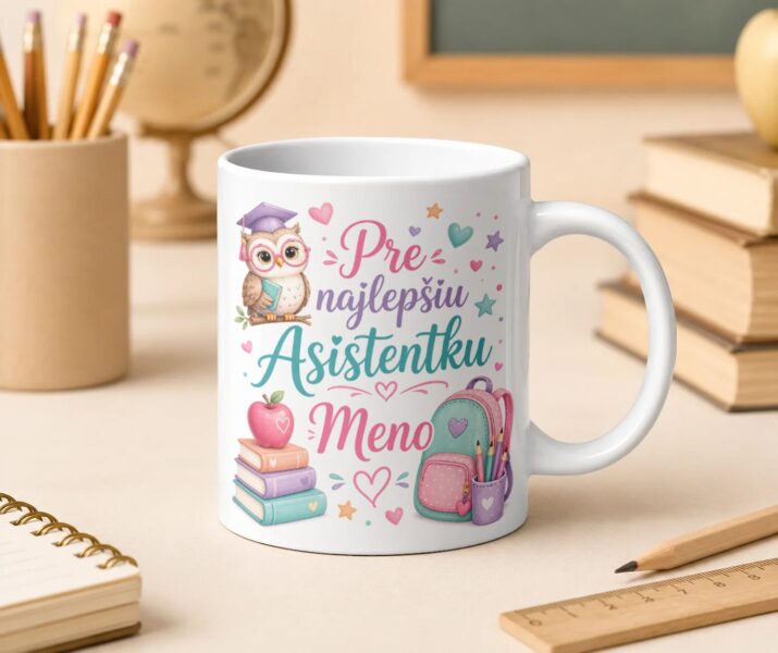 Hrnček pre najlepšiu asistentku so sovičkou a pastelovým školským motívom