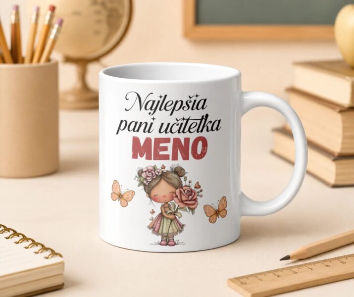 Hrnček Najlepšia pani učiteľka s dievčatkom, kvetmi a menom