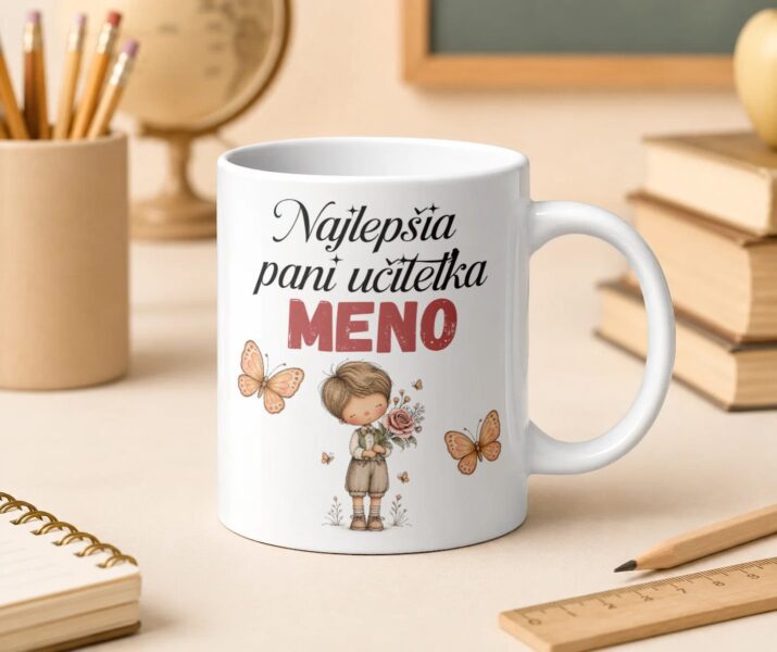 Hrnček Najlepšia pani učiteľka s chlapčekom, motýľmi a menom