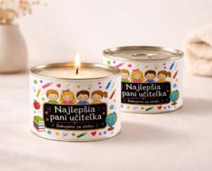 Sviečka v konzerve Najlepšia pani učiteľka s tabuľou a detským motívom