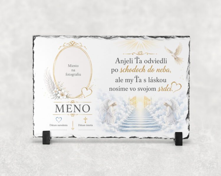 Domov 9 Personalizovaná spomienková bridlica s fotografiou – Anjeli Ťa odviedli po schodoch do neba