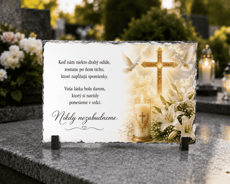 Personalizovaný spomienkový kameň z bridlice – Kríž, holubice a biele ľalie