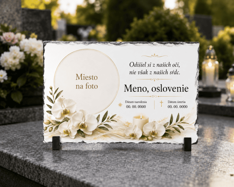 Personalizovaný spomienkový kameň z bridlice s fotografiou – Biele orchidey