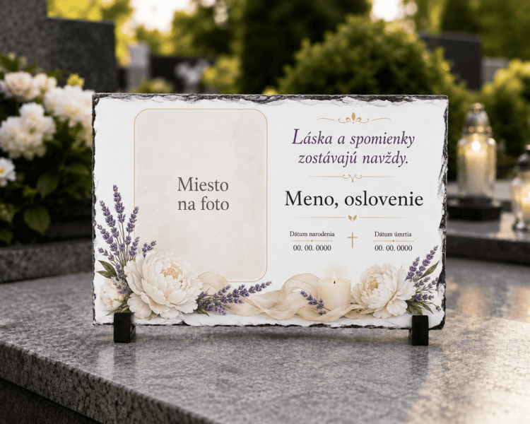 Personalizovaný spomienkový kameň z bridlice – Biele pivónie a levanduľa