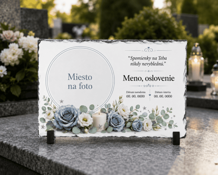 Personalizovaný spomienkový kameň z bridlice – Modré a biele ruže