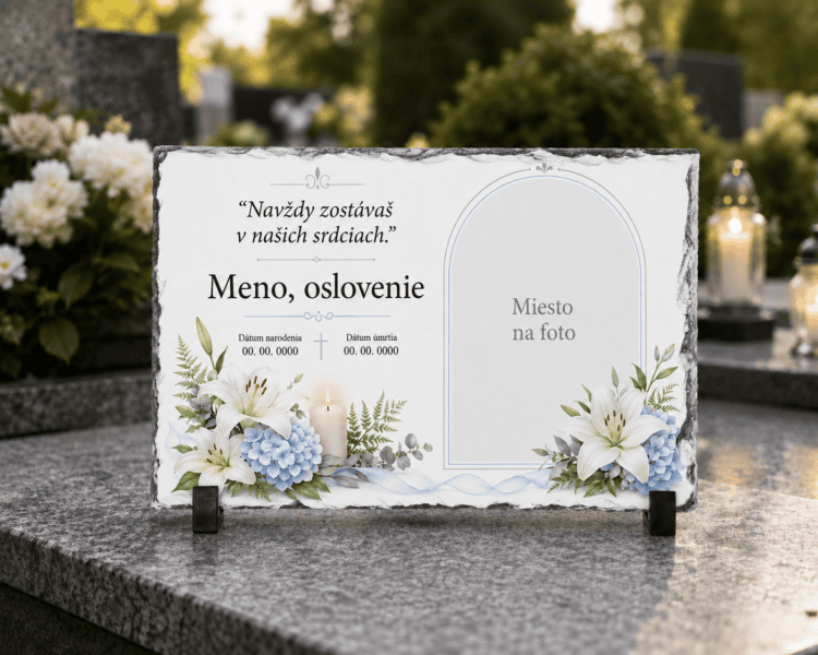 Personalizovaný spomienkový kameň z bridlice – Biele ľalie a modré hortenzie
