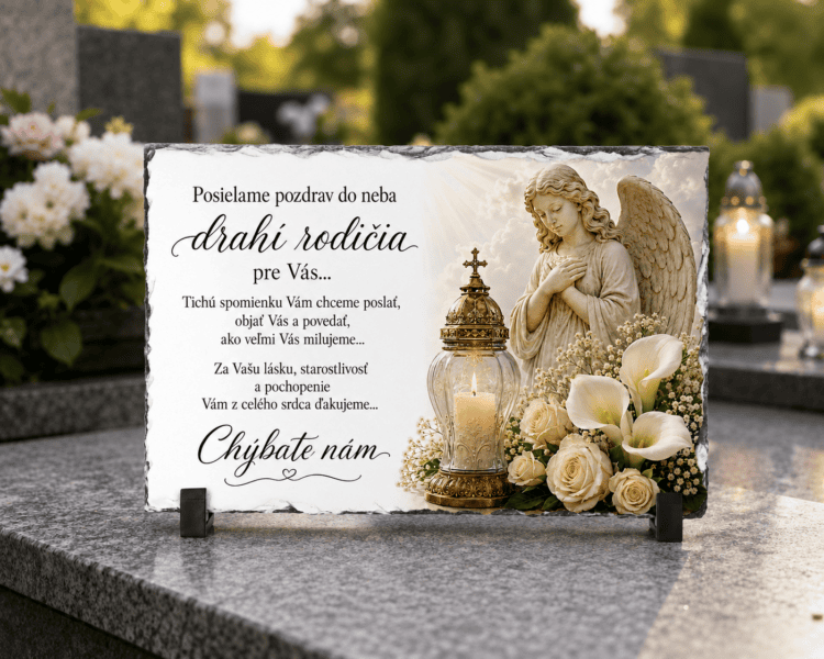 Personalizovaný spomienkový kameň z bridlice pre rodičov – Anjel a lampáš