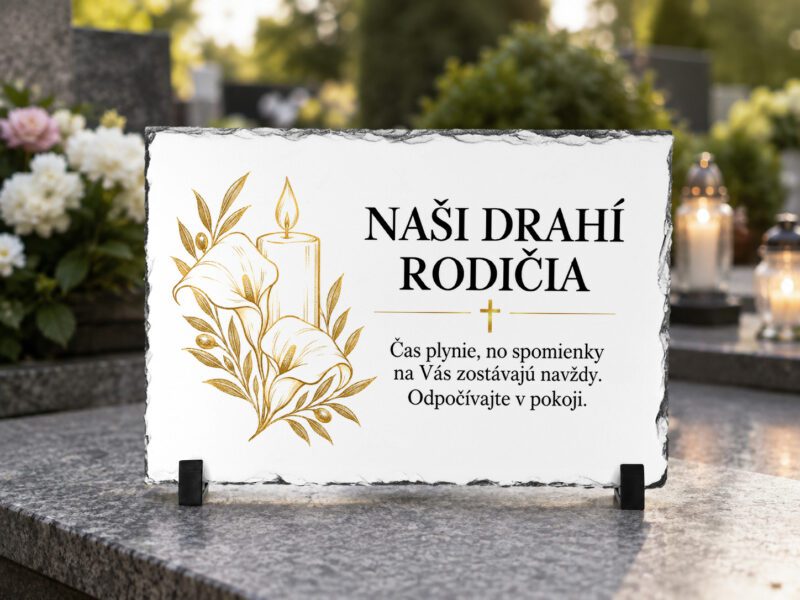 Domov 7 Personalizovaný spomienkový kameň Naši drahí rodičia – sviečka a zlaté kaly