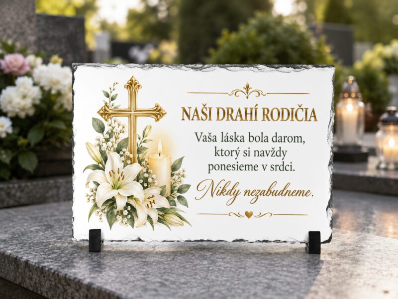 Domov 6 Personalizovaný spomienkový kameň pre rodičov – Kríž, sviečka a biele ľalie